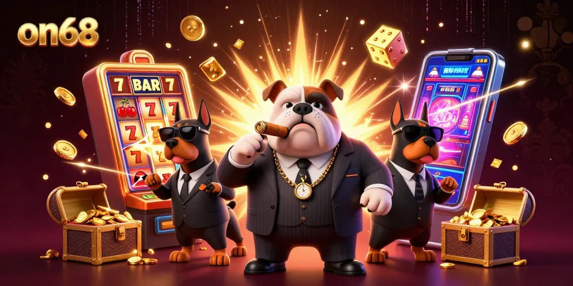 Experience thrilling gaming action on on68 with a 3D casino illustration featuring jackpot excitement and vibrant casino elements.
