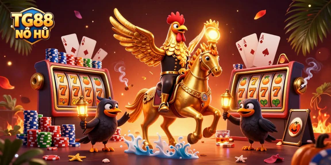 Engaging TG88 NỔ HŨ gaming scene showcasing a golden rooster amidst vibrant casino elements.