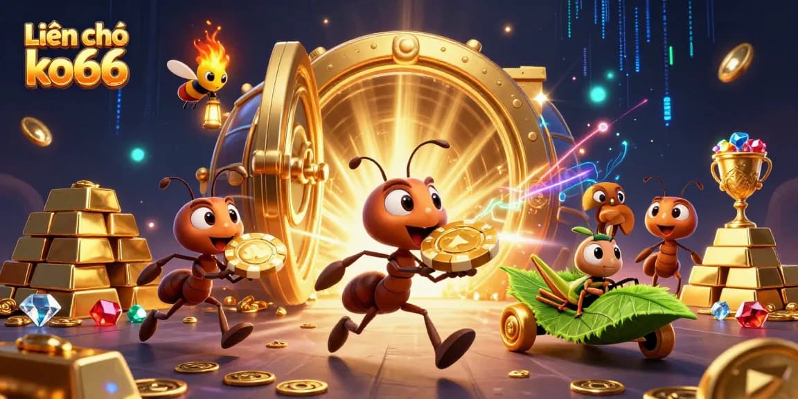 Engage with Liên hệ ko66 as animated ants navigate a casino vault heist with vibrant treasures.