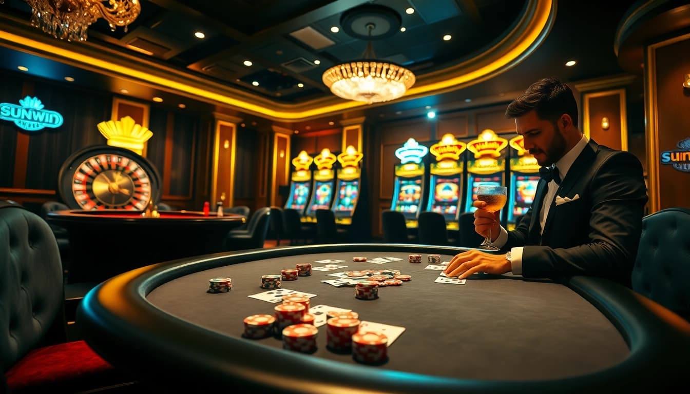 High-stakes poker scene highlighting sunwin with colorful chips and a spinning roulette wheel.
