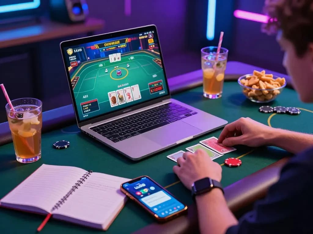 Player enjoying live dealer poker on uu88 with strategy notes and drinks in an engaging home setup.