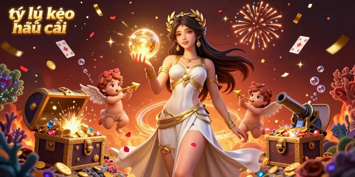 Experience the dazzling tỷ lệ kèo nhà cái with golden orbs and cherubs in a rich casino scene.