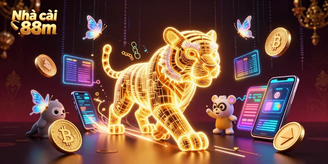 Engage with Nhà cái 88m in a vibrant digital casino, featuring a neon golden tiger and cryptocurrencies.