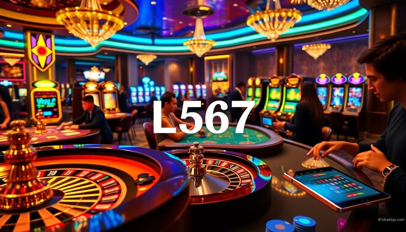 L567 logo featured prominently in a luxurious casino environment with vibrant gaming elements.