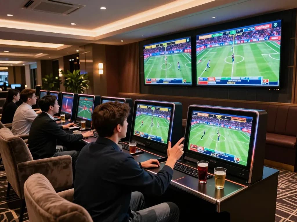 Go8 bettors placing wagers in a stylish sports betting lounge filled with excitement.