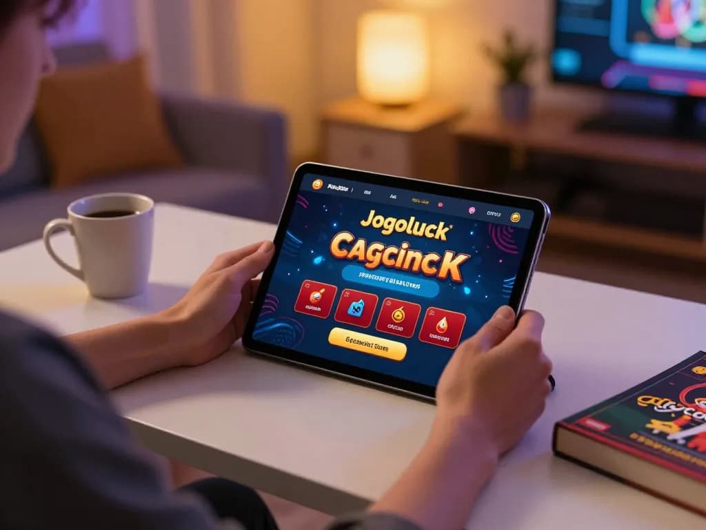 Engaging with Jogoluck's online casino app on a tablet, surrounded by a cozy gaming setup.