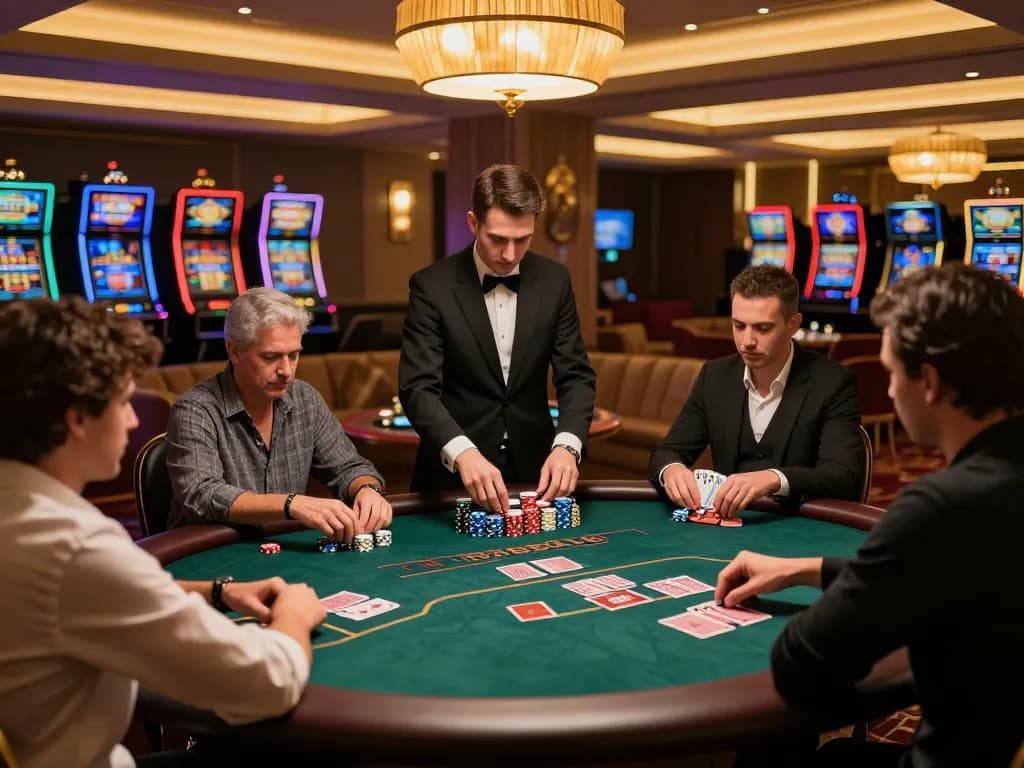 TV88 players enjoying a high-stakes poker game in an upscale casino atmosphere