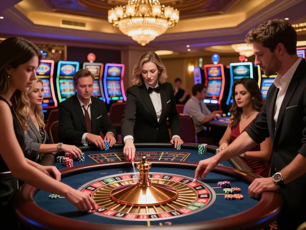 Experience the thrill of XX88 casino gameplay at an upscale roulette table with eager players.