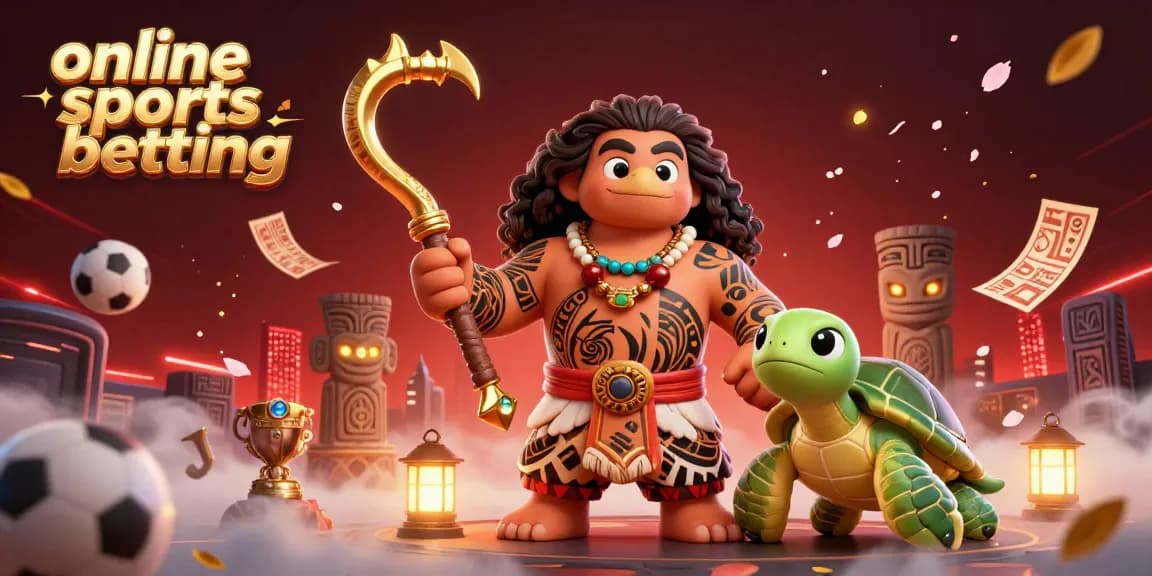 Engage in online sports betting with a vibrant 3D illustration of a hawk demigod and turtle amid dynamic betting elements.