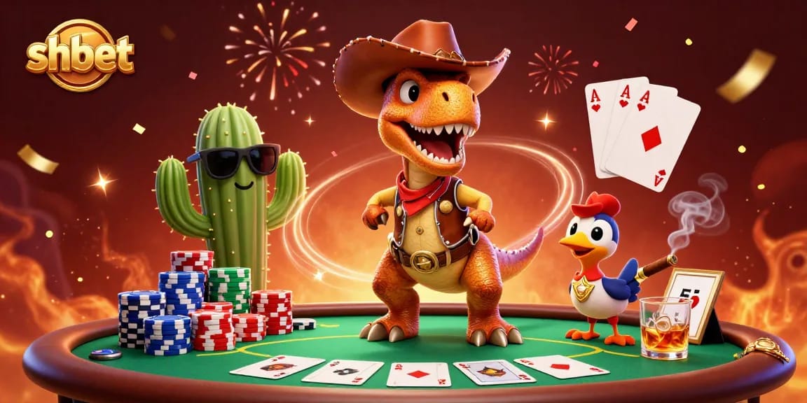Join the shbet adventure with a cowboy dinosaur at an extravagant poker table!