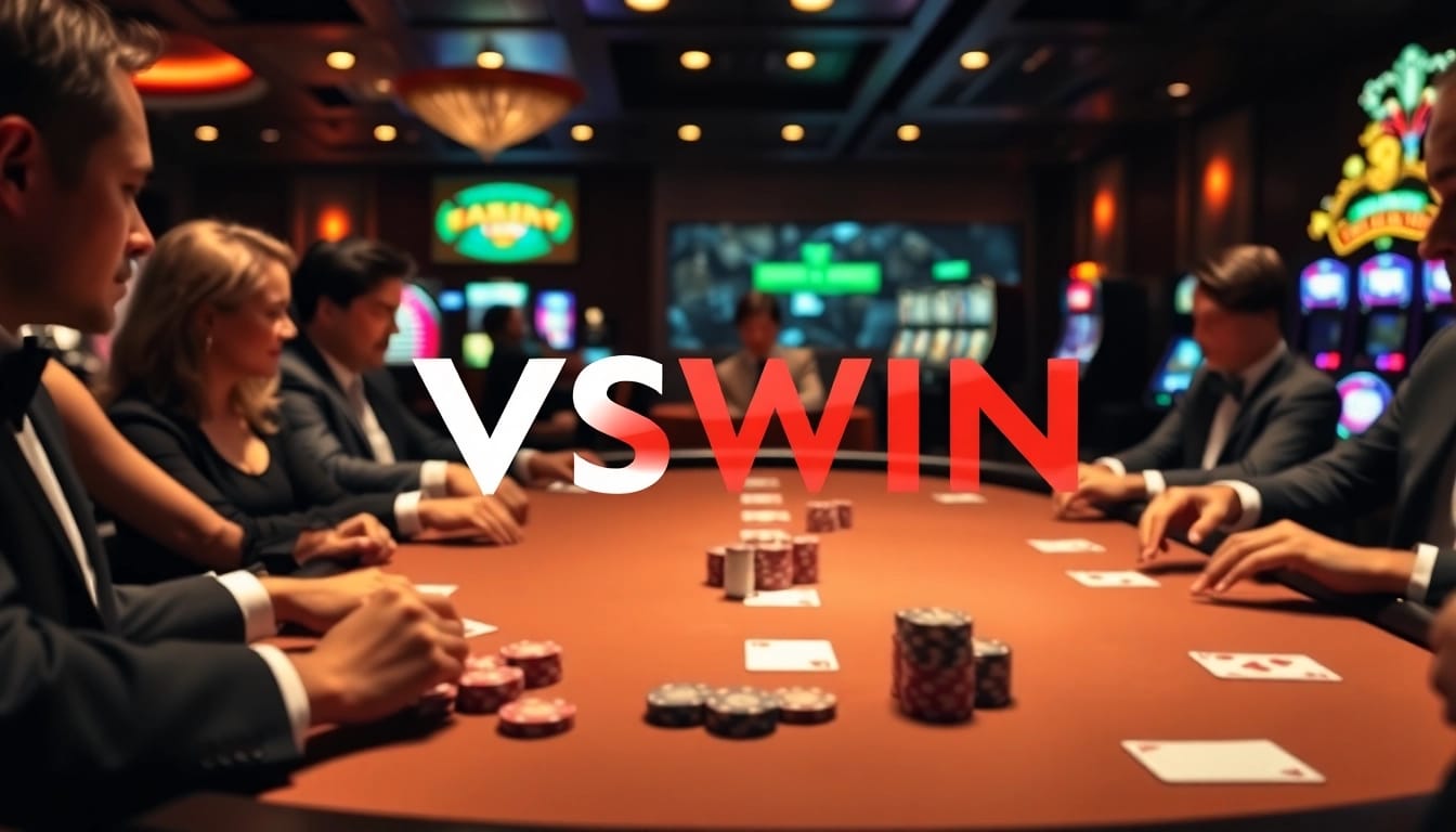 Exciting poker game at VSWIN casino with players and high-quality chips.