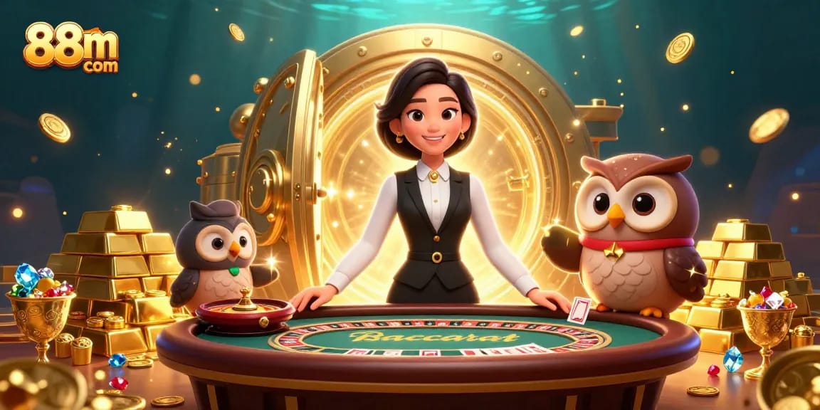 Win big with 88m com as a dealer engages players at a luxury baccarat table, vibrantly illustrated.