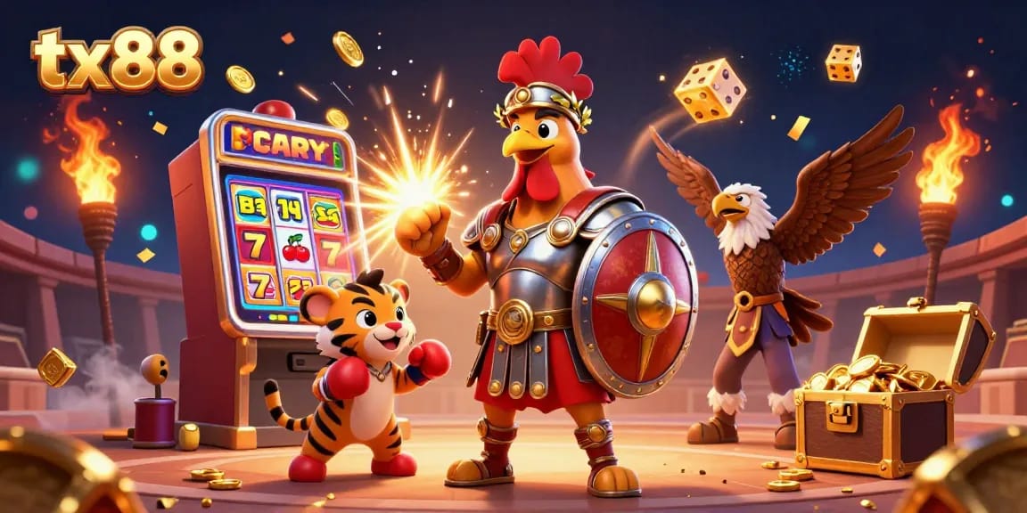 tx88 casino adventure with a gladiator rooster, lively slot machine, and treasure chest