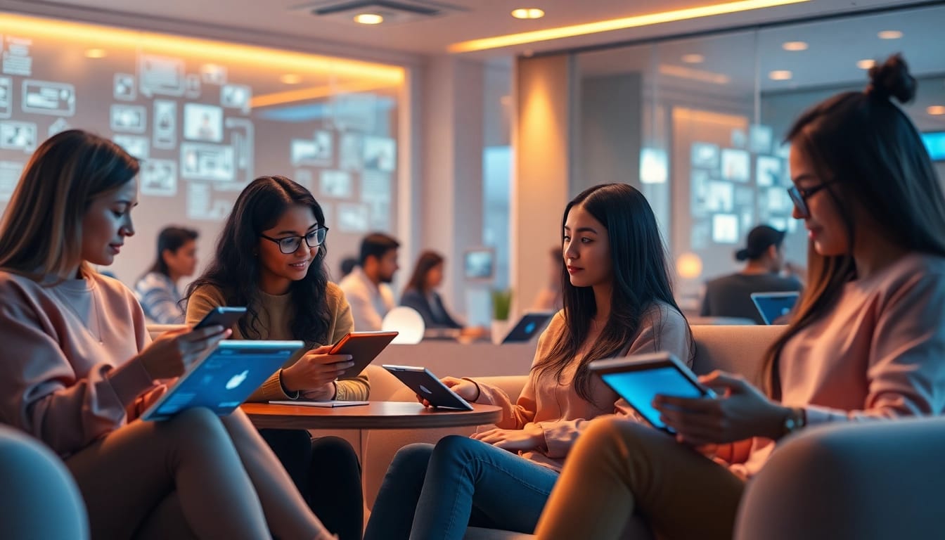 Engaging scene of users interacting with AI chatbots in a cozy digital cafe, highlighting the concept of crush on ai.