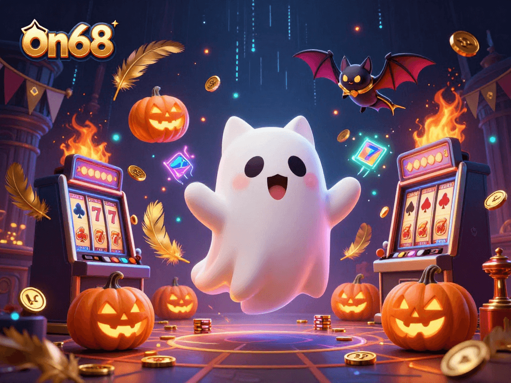 Experience thrilling gameplay with on68 in a vibrant haunted casino scene filled with ghosts and glowing tokens.