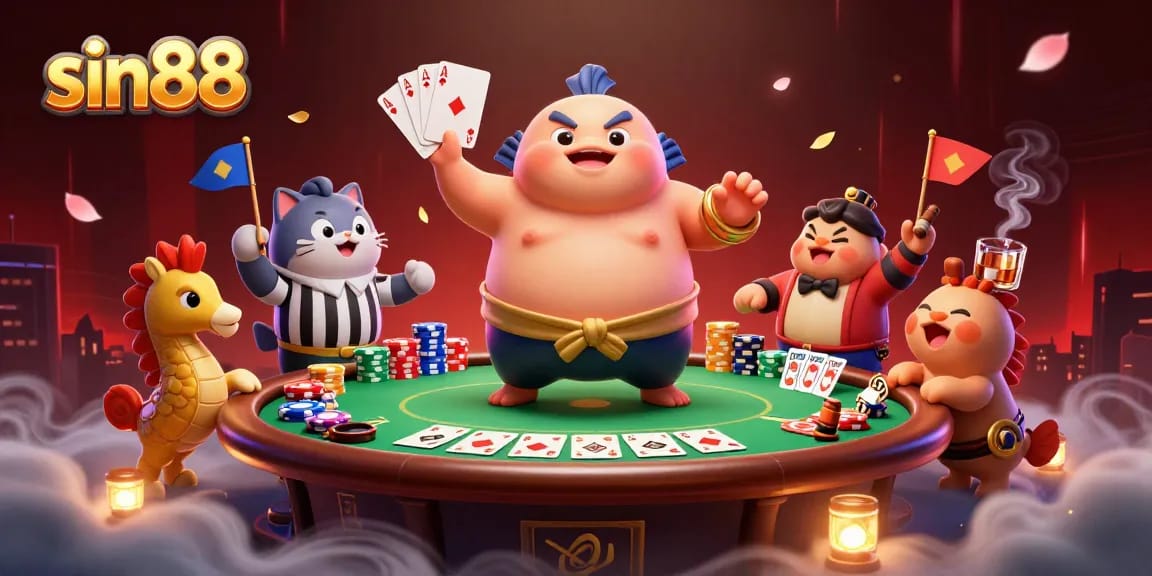 Sin88 showcases a vibrant underwater casino scene with a fugu in sumo attire and poker elements.