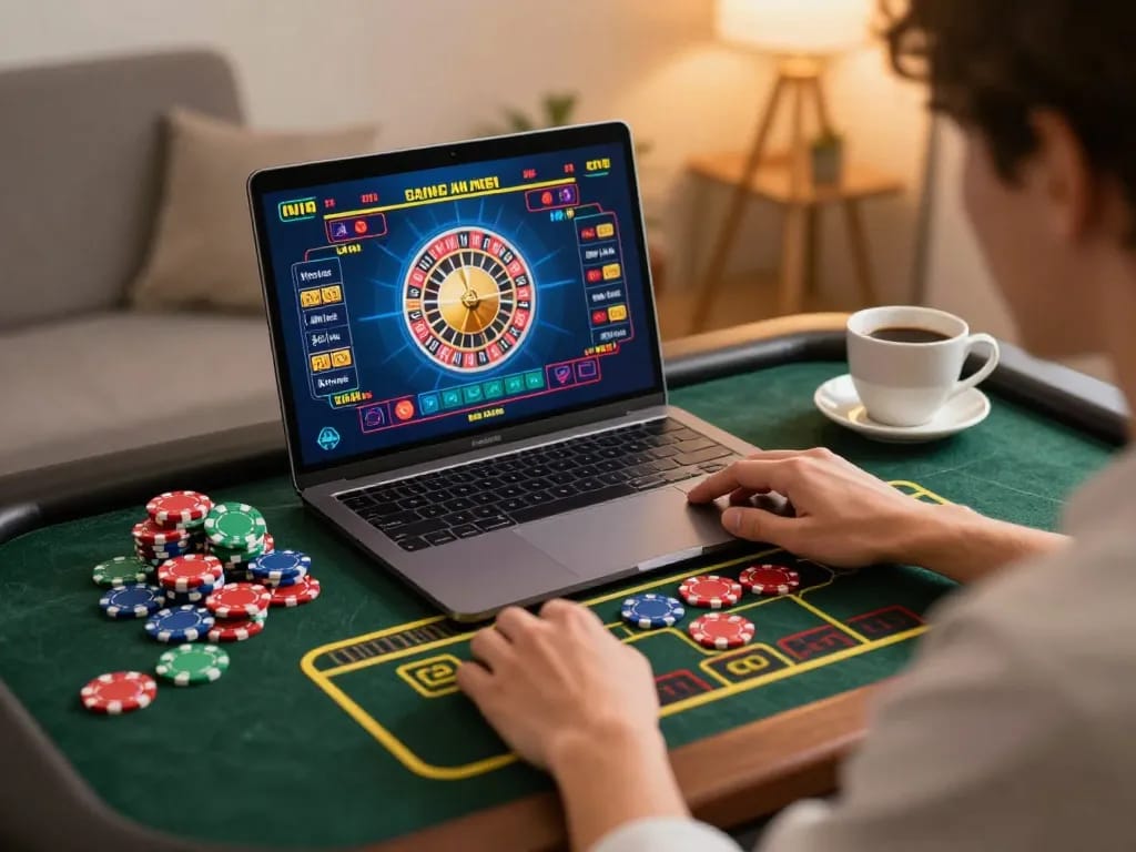 Engaging in a thrilling online roulette game with Oxbet on a laptop, vibrant setting showcasing a dynamic betting atmosphere.