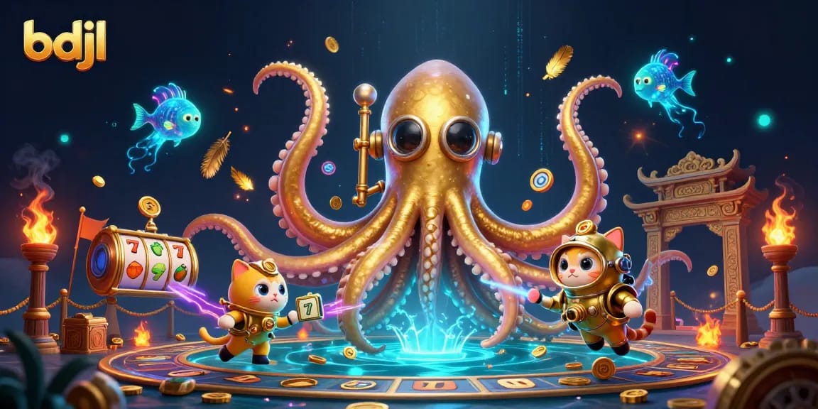 Engage in thrilling gameplay with bdjl’s colossal kraken and vintage diving cat illustration