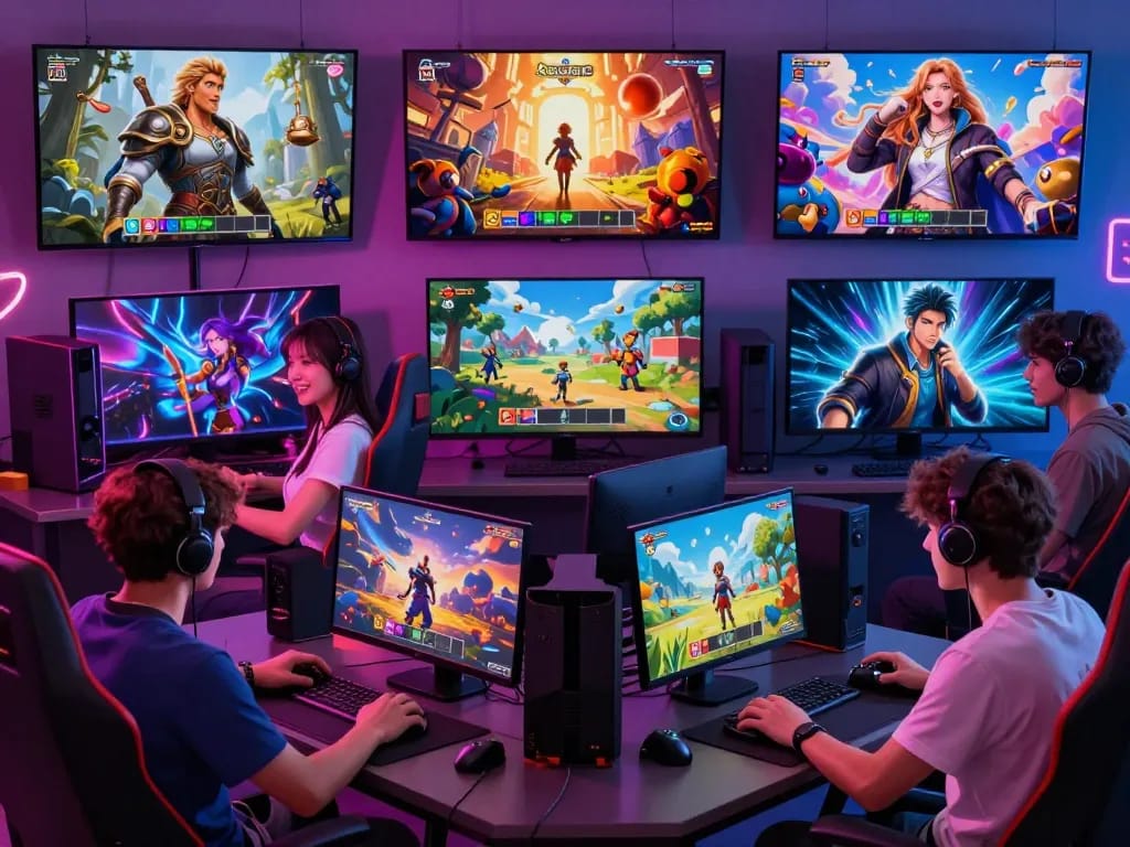 Engaged gamers playing adult games with diverse genres highlighting fantasy, romance, and interactive experiences.