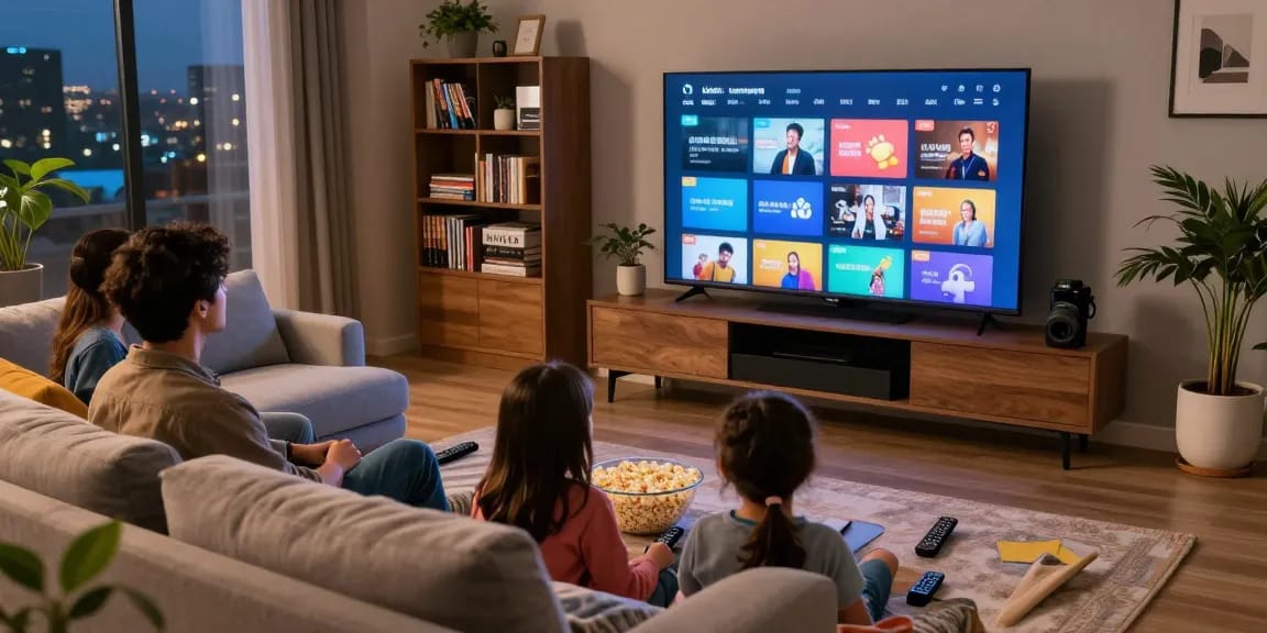 Família assistindo TV no conforto de casa com bestbraziliptv.
