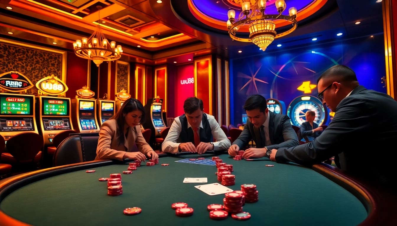 Experience high-stakes poker at uu88, where players engage passionately at a luxurious table.