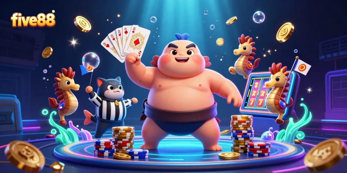 Spin to win with five88 in a dynamic underwater casino showcasing vibrant characters and thrilling games.