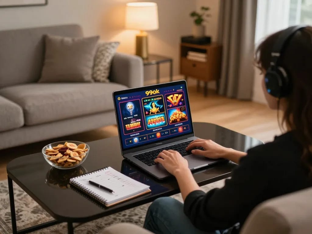 Engaged user exploring games on 99ok online casino on a laptop in a cozy home setting.