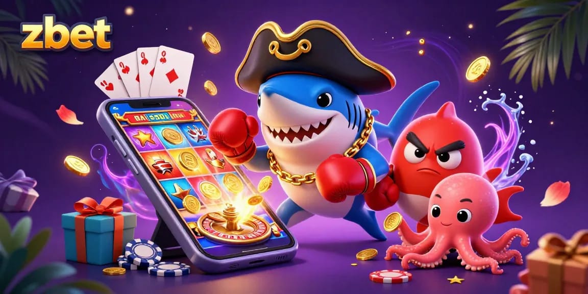 Zbet showcases exciting slot games with a playful pirate shark and friends amidst vibrant casino elements.