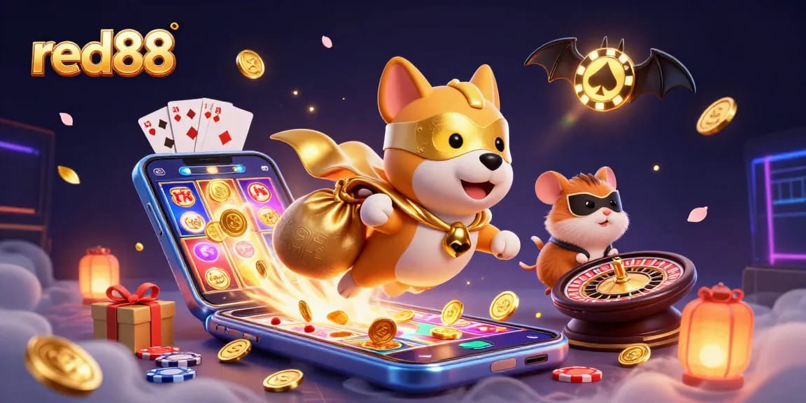 Red88 showcases a superhero dog & hamster in a vibrant casino scene, capturing the thrill of gaming.