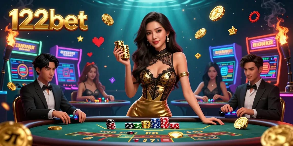 Vivencie jogos de alto risco exclusivos na 122bet com fichas douradas e elementos vibrantes de cassino.