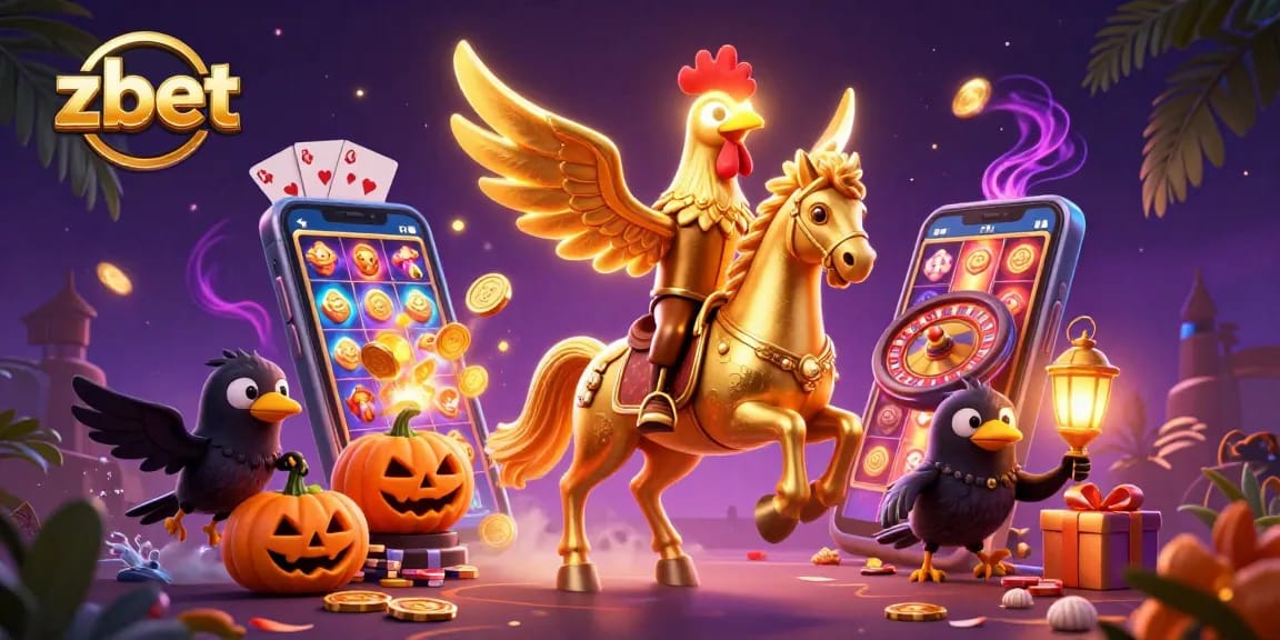 Experience zbet with a dynamic scene of golden rooster and spectral horse in a vibrant casino setting.