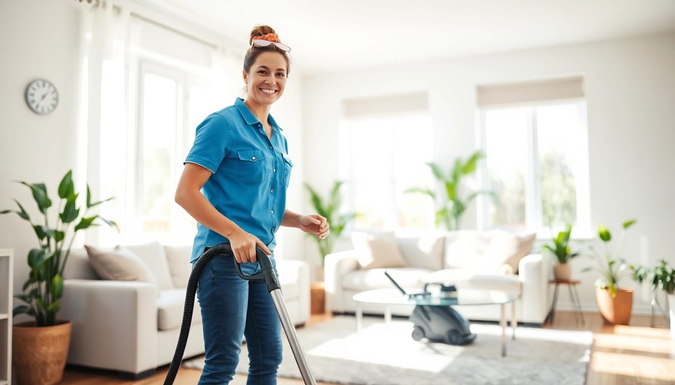 Efficient residential cleaning Georgia in a sunlit home, highlighting a joyful cleaner.
