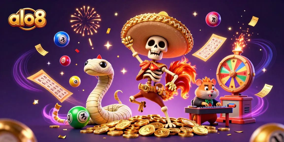 Engage with alo8 in a lively casino scene filled with vibrant lottery elements and celebration.