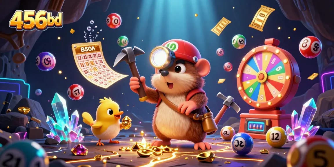 Engage with 456bd's vibrant casino scene featuring a treasure hunter mole amidst colorful lottery fun.
