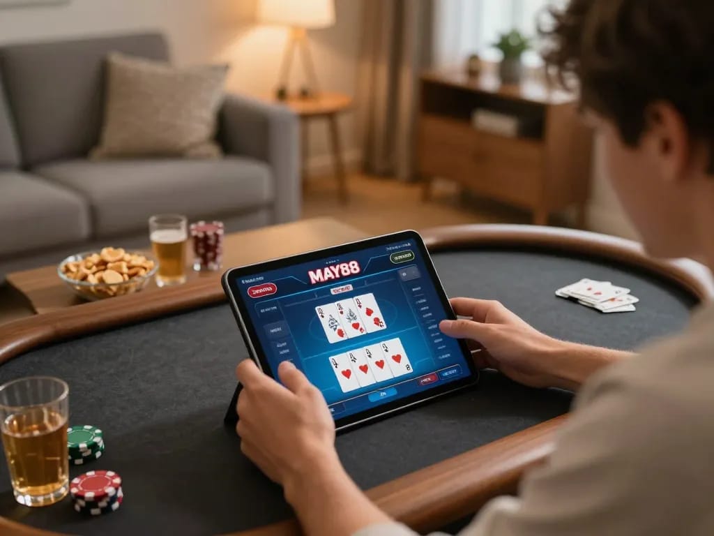 MAY88 players enjoying an online poker game in a cozy home setting.