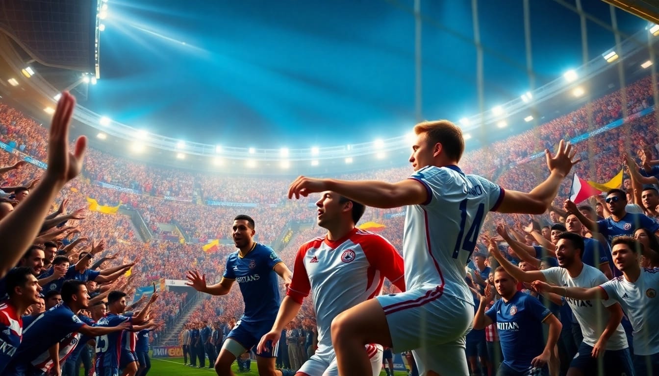 Exciting UEFA Champions League match illustrating Gii Bng V ch cc Cu lc b Chu u with players in action and cheering fans.