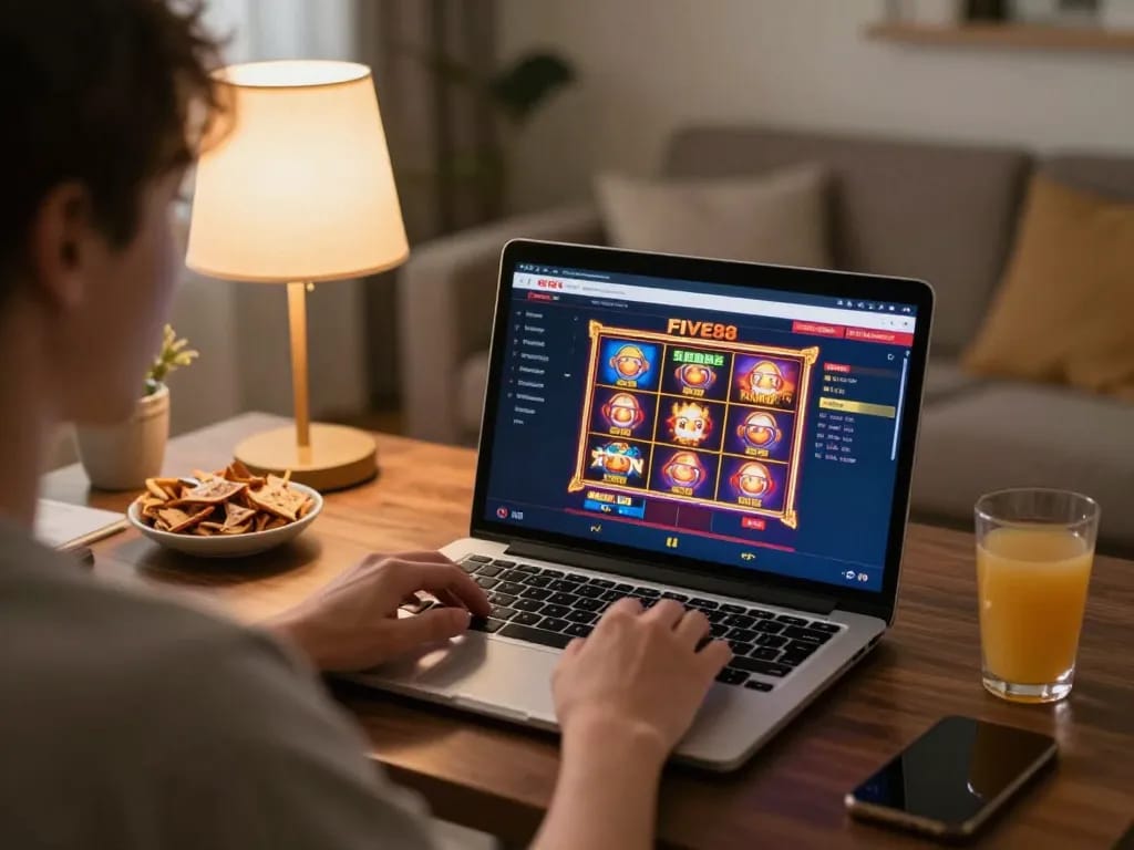 Engaged player using FIVE88 online casino interface during an exciting gaming session.