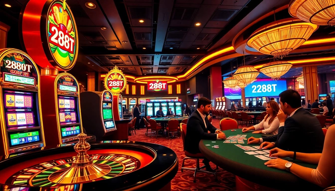 Players enjoying a thrilling game experience at 288T casino, showcasing vibrant slots and poker tables.