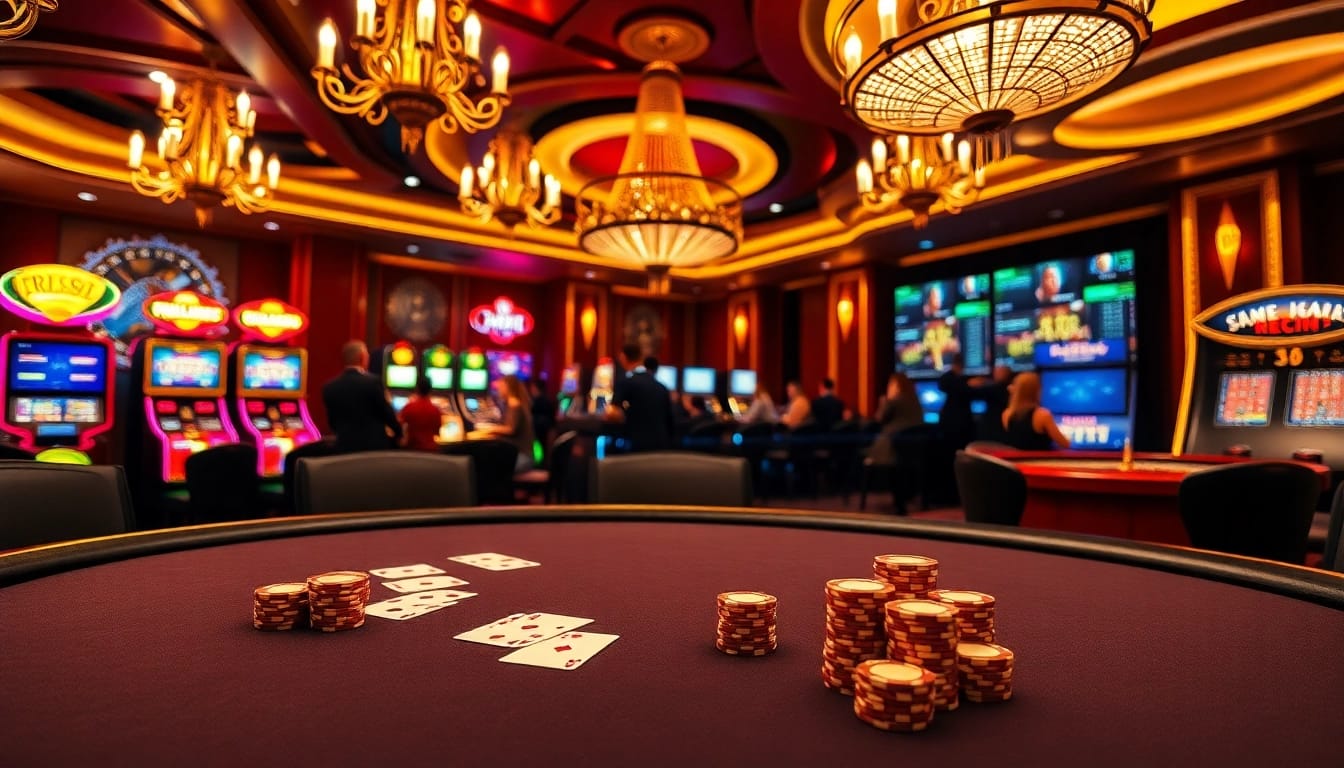 Exciting gaming atmosphere at RR88 featuring an elegant poker table, vibrant slot machines, and luxury ambiance.