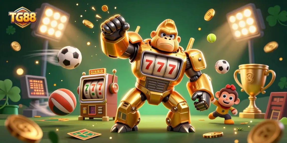TG88's vibrant 3D scene showcases a golden gorilla mech and sports elements for an exciting gambling experience.