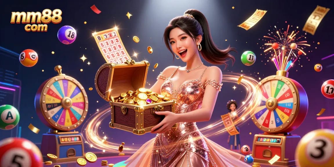 Experience thrilling gaming with mm88 com, featuring a joyful woman celebrating treasure and dynamic lottery elements.