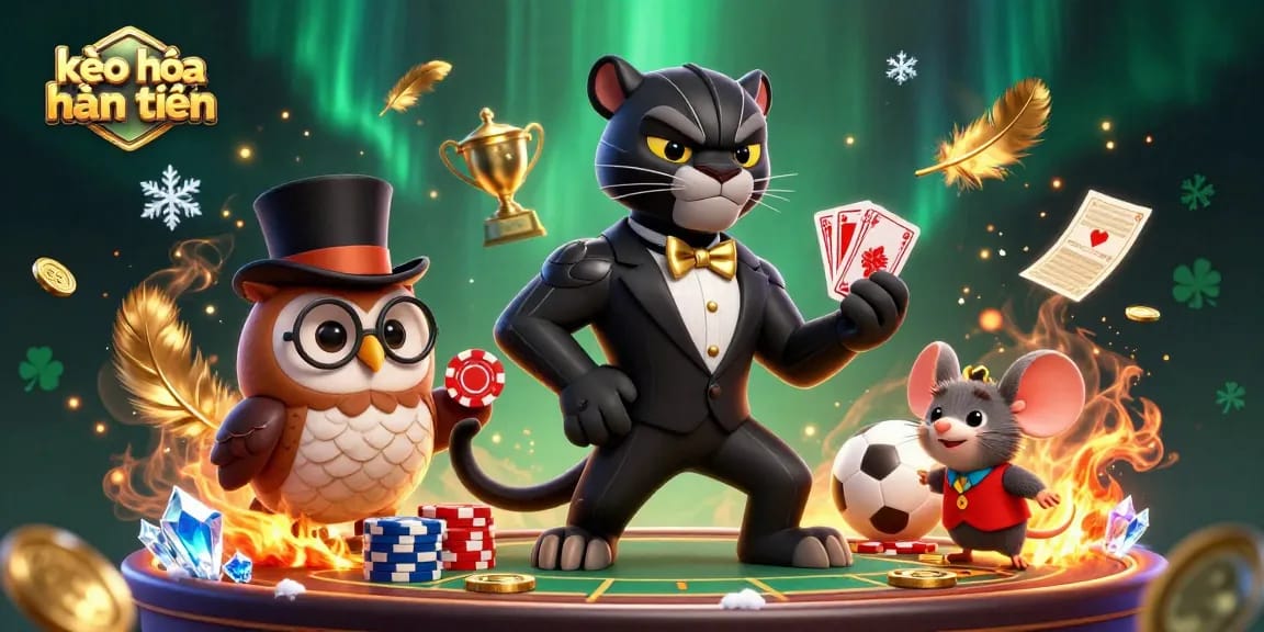 Experience the excitement of kèo hòa hoàn tiền with a stylish panther elegantly dealing cards alongside a wise owl in a vibrant sports betting scene.