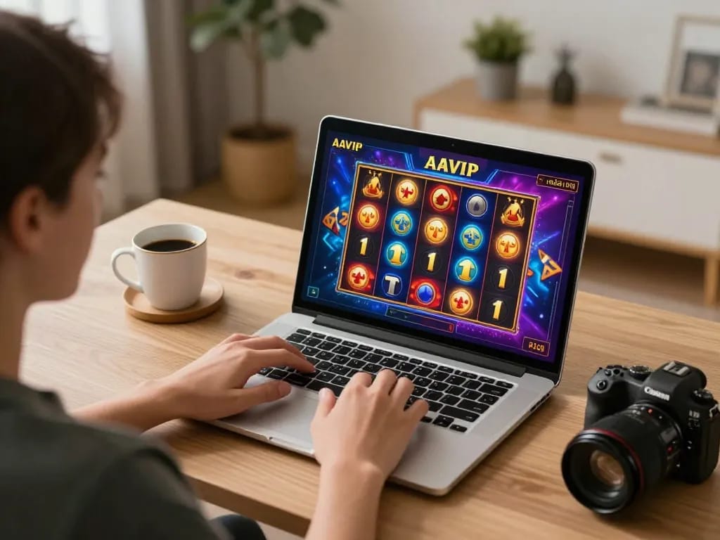 Jogador AAVIP desfrutando de jogos de slot online cativantes em casa com ambiente aconchegante e decoração estilosa.