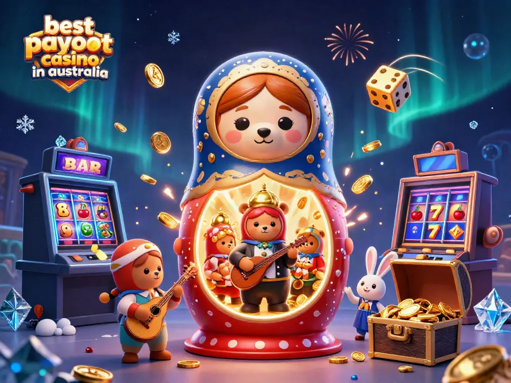Play exciting games at the best payout casino in Australia, featuring dynamic illustrations of bonuses and jackpots.