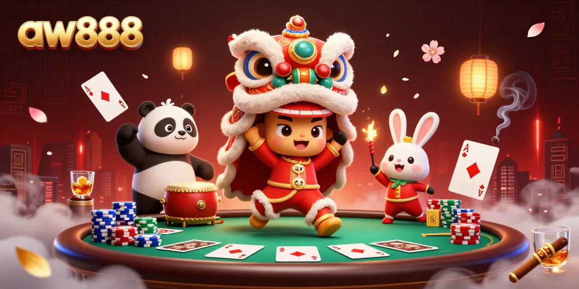 Experience the excitement at aw888 with vibrant lion dance and poker elements in a lively online casino setting.
