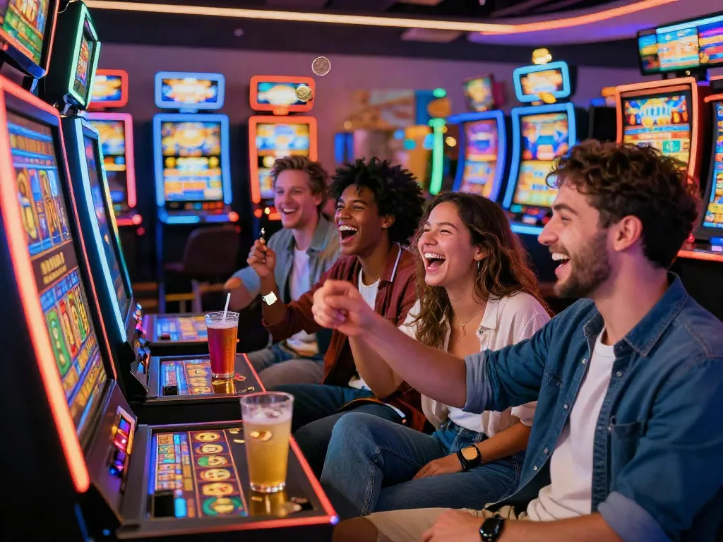 Jogadores se divertindo em uma máquina de Slot, comemorando uma grande vitória no cassino.