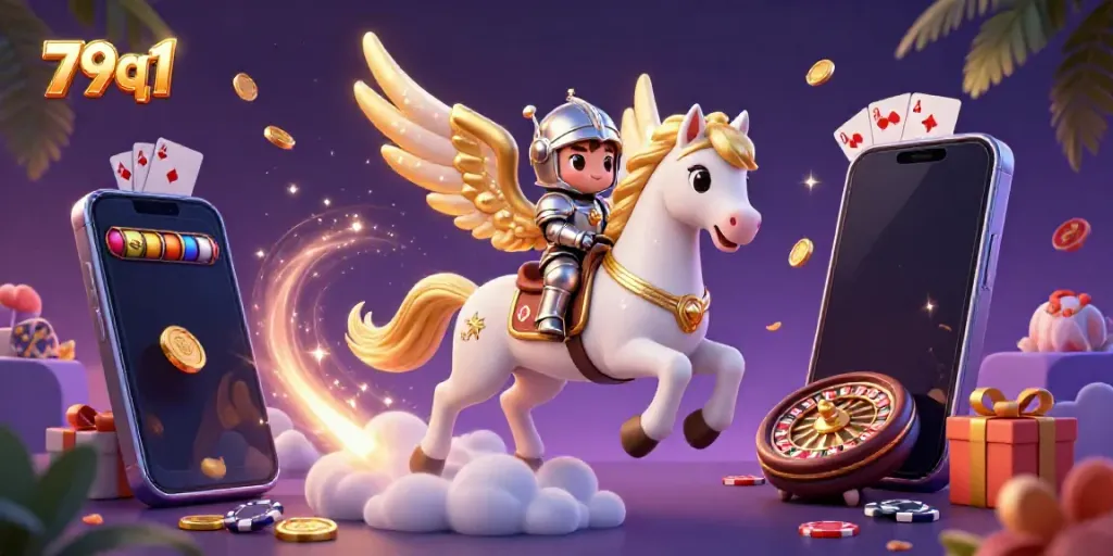 Experience excitement with 79q1 as a knight rides a celestial horse amidst casino elements like slots and cards.