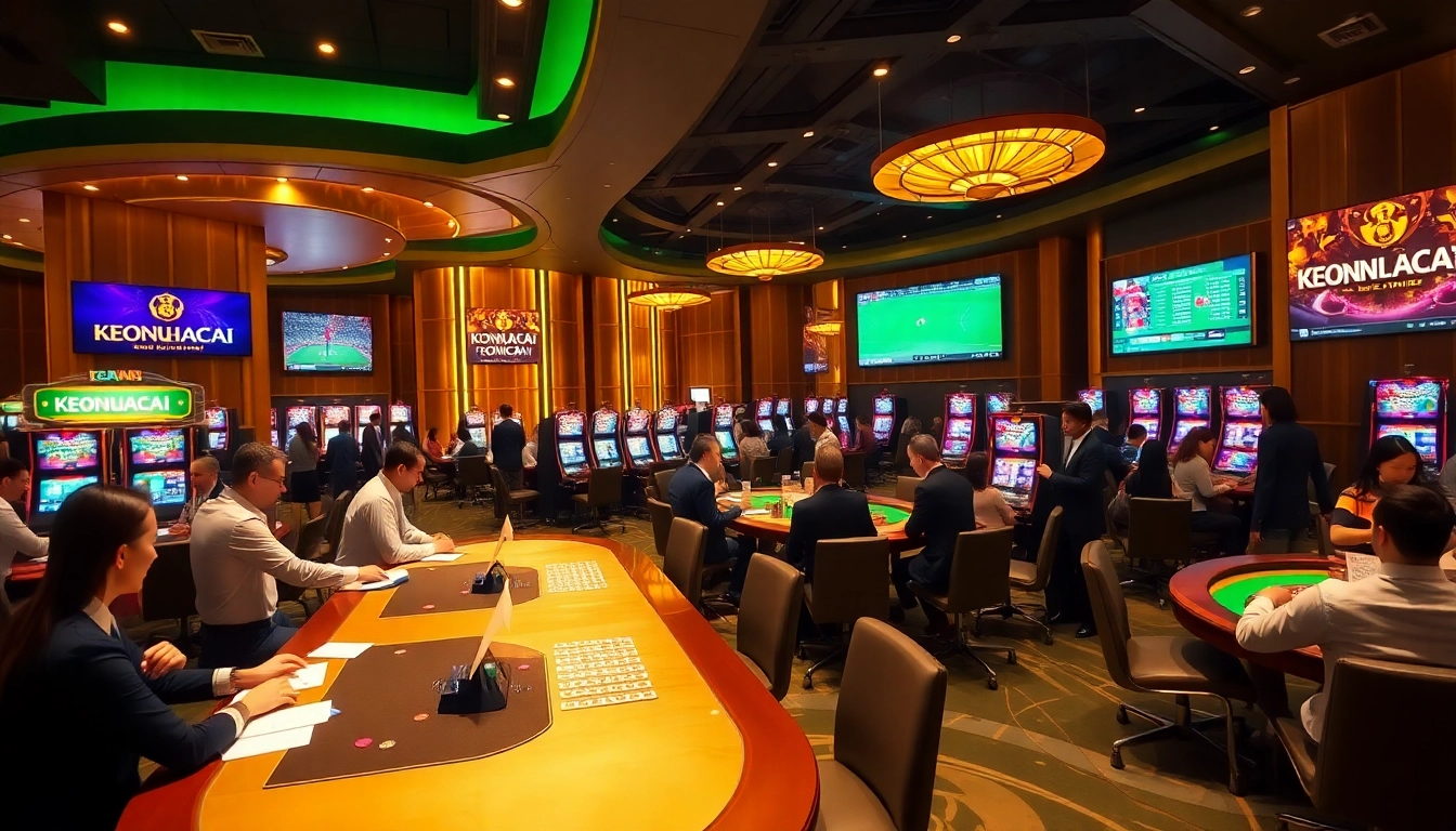 KEONHACAI sports betting scene with dynamic gaming tables and enthusiastic players placing bets.