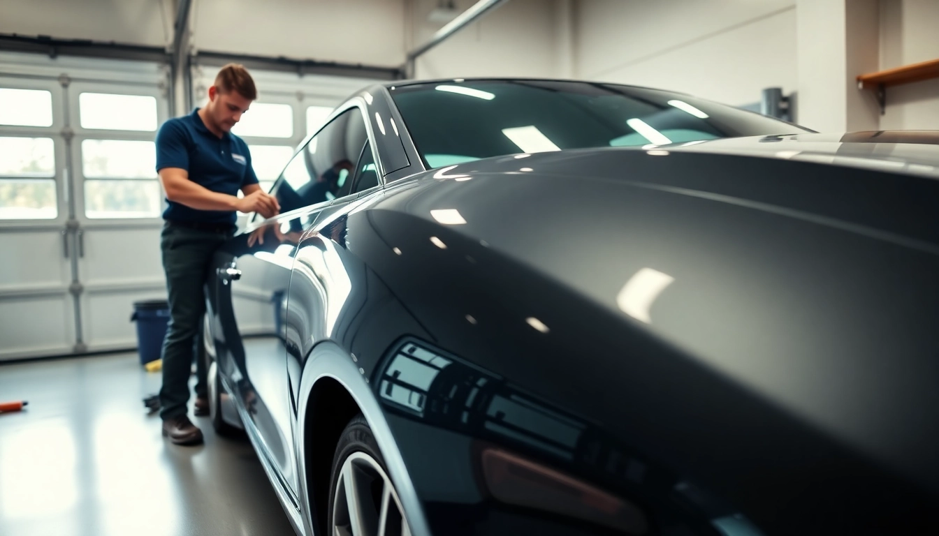 Applying paint protection film near me on a luxury car in a bright garage setting.