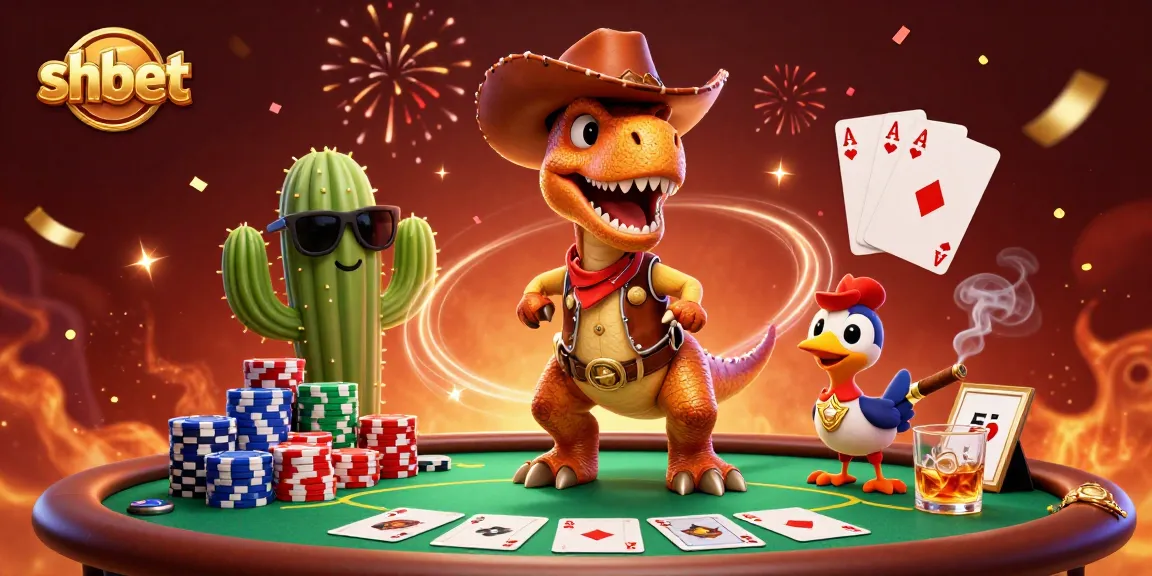 Join the shbet adventure with a cowboy dinosaur at an extravagant poker table!